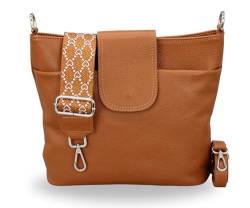 BRISE Damen Umhängetasche ELLIE Handgemachte Crossbody Bag Echtes Leder mit Ledergurt + Breiten Gemusterten Riemen 7 Fächer Wasserdichte Stylische Made in Italy Schultertasche (Cognac Braun - 5) von Brise Art