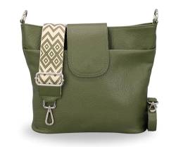 BRISE Damen Umhängetasche ELLIE Handgemachte Crossbody Bag Echtes Leder mit Ledergurt + Breiten Gemusterten Riemen 7 Fächer Wasserdichte Stylische Made in Italy Schultertasche (Khaki - 2) von Brise Art