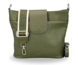 BRISE Damen Umhängetasche ELLIE Handgemachte Crossbody Bag Echtes Leder mit Ledergurt + Breiten Gemusterten Riemen 7 Fächer Wasserdichte Stylische Made in Italy Schultertasche (Khaki - 5) von Brise Art