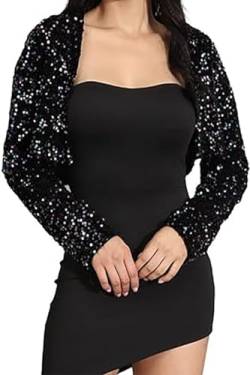 Brishow Damen Pailletten Bolero Langarm Open Front Top Shrug Abendparty Cardigan Schulterjacke (DE/NL/SE/PL, Alphanumerisch, M, Regular, Regular, Schwarz) von Brishow