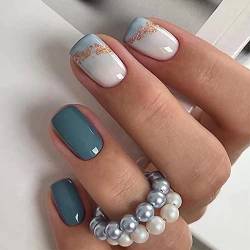 Brishow French Künstliche Nägel Kurz Blau Press on Nails Goldfarben Nägel Zum Aufkleben Glitzernd Kunstnägel 24 Stück für Frauen und Mädchen von Brishow