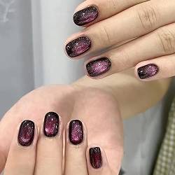 Brishow Katzenauge Nägel zum Aufkleben, Lila Künstliche Fingernägel Kurz, Press on Nails mit Glitzer, Französische Quadratische, Falsche Nägel 24 Stück für Frauen und Mädchen von Brishow