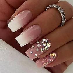 Brishow Künstliche Nägel, French Kristalle, Press on Nails, Nägel zum Aufkleben, Rosa, Farbverlauf Künstliche Nägel 24 Stück für Frauen und Mädchen von Brishow