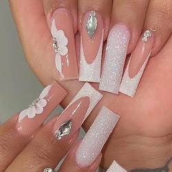 Brishow Künstliche Nägel Blumen-Strasssteine Press on Nails Rosa Glitter Nägel zum Aufkleben 24 Stück für Frauen und Mädchen von Brishow