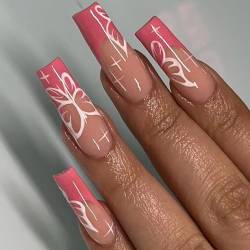 Brishow Künstliche Nägel zum aufkleben Kurz French Schmetterling Press on nails Ballerina Acryl Rosa Kunstnägel Falsche Nägel 24 Stück für Frauen und Mädchen von Brishow