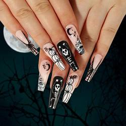 Brishow Künstliche nägel, Halloween-Dekorationen, Press on Nails, schwarze Spinne, Nägel zum Aufkleben, Geisternägel, Ballerina, Acryl, lang, 24 Stück für Frauen und Mädchen von Brishow