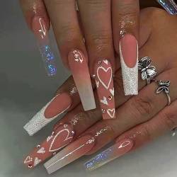 Brishow Rosa Künstliche Nägel French Lang Nägel zum Aufkleben Press on nails mit Kristall Herz Ballerina Acryl Fake Nails 24 Stück für Frauen und Mädchen von Brishow