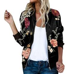 Briskorry Damen Casual Jacke Blumenmuster Langarm Bomberjacke Reißverschluss Stehkragen Outwear Kurz Coat Herbst Frühling Floral Casual Jacke Vintage Baseballkragen Jacke von Briskorry