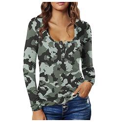 Briskorry Damen Henley Shirt Langarm Scoop Neck Camouflage Langarmshirt Button Down Basic Tops Dünne Oberteile Frühling von Briskorry