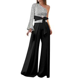 Briskorry Damen Jumpsuit Elegant Overall Lang Eine Schulter Schulterfrei Playsuit Lose Drucken Romper Sommer Festlich Jumpsuits Hohe Taille Hosenanzug für Hochzeit von Briskorry