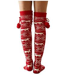 Briskorry Damen Kniestrümpfe Gestrickte Schneeflocken Wollsocken Overknee Fleece Strümpfe, Weihnachten Lange Socken Thigh High Socks Winter (Rot) von Briskorry