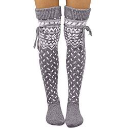 Briskorry Damen Kniestrümpfe Gestrickte Schneeflocken Wollsocken Overknee Fleece Strümpfe, Weihnachten Lange Socken Thigh High Socks Winter von Briskorry