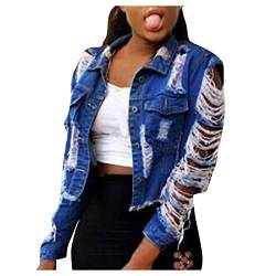 Briskorry Damen Kurze Löcher Jeansjacke Leicht Wash Reißverschluss Übergangsjacke mit Brusttaschen Revers Cropped Jacke Sweatshirtjacke Bomberjacke Outdoorjacke Bikerjacke von Briskorry