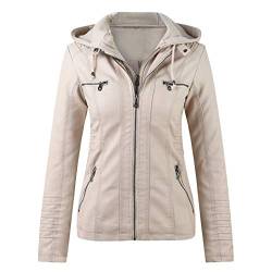 Briskorry Damen Lederjacke Braun Bikerjacke Vintage Kunstlederjacke Elegant Übergangsjacke Motorradjacke Kunstleder Mit Stehkragen Leder Damenjacke Jacket mit Annehmbarer Kapuze von Briskorry