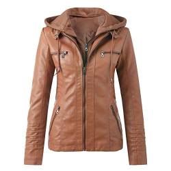 Briskorry Damen Lederjacke Braun Bikerjacke Vintage Kunstlederjacke Elegant Übergangsjacke Motorradjacke Kunstleder Mit Stehkragen Leder Damenjacke Jacket mit Annehmbarer Kapuze von Briskorry