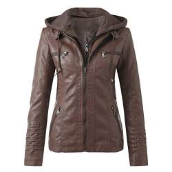 Briskorry Damen Lederjacke Braun Bikerjacke Vintage Kunstlederjacke Elegant Übergangsjacke Motorradjacke Kunstleder Mit Stehkragen Leder Damenjacke Jacket mit Annehmbarer Kapuze von Briskorry