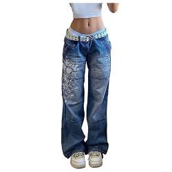 Briskorry Damen Low Waist Wide Leg Jeans Y2k Print Distressed Straight Jeanshosen Baggy Vintage Denim Hose E Girl Flare Pants Streetwear Freizeithose Schlagjeans von Briskorry