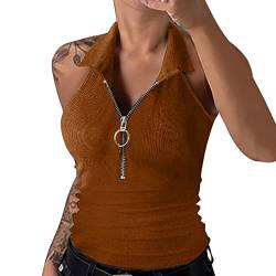 Briskorry Damen Sexy Kurz Tops Neckholder Ärmelloses Crop Top Tiefes V Umlegekragen Tank Oberteil mit Reißverschluss von Briskorry