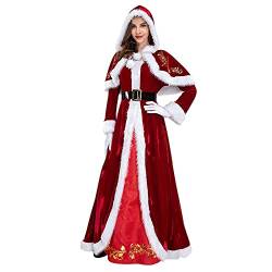 Briskorry Damen Weihnachten Kostüm Mrs.Santa Claus Kleid mit Kapuze Gürgel Handschuh Kapuze Rote Umhang Retro Kleid Lange Weihnachtsfrau Prop Kostüm Santa Cosplay Costume Requisiten von Briskorry