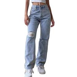 Briskorry Damen Y2K High Rise Straight Jeanshose Ripped Loch Denim Hose Baggy Vintage Flare Gerade Hosen Locker Lang Lässig Freizeithose E-Girl Streetwear von Briskorry