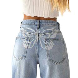 Briskorry Damen Y2K Style Jeans Hoher Taille Gerade Straight Jeanshose Weitem Bein Butterfly Drucken lose Vintage Pants mit Taschen Flare Gerade Denim Hose von Briskorry