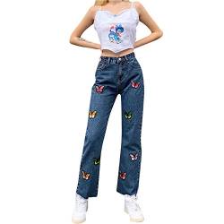 Briskorry Damen Y2K Style Jeans Hoher Taille Gerade Straight Jeanshose Weitem Bein Butterfly Drucken lose Vintage Pants mit Taschen Flare Gerade Denim Hose von Briskorry