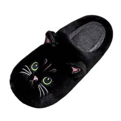 Briskorry Hausschuhe Damen Niedliche Bequeme Hausschuhe Tier Katze Plüsch Warme Winter Pantoffeln Flauschige Cute Slippers Winter Filzhausschuhe Gäste Cartoon Schlappen (Black-A, 37) von Briskorry