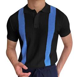 Briskorry Herren Strick-Poloshirt Kurzarm Umlegekragen Knopfleiste Farbblock Gestreift T-Shirt Stretch Slim Fit Plus Size Tops Golf Tennis Blusen (XA-Black, XXL) von Briskorry