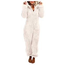 Briskorry Jumpsuit DamenTeddy Fleece Schlafanzug Einteiler Winter Warm Kuschelig Onesie Lang Schlafoverall Pyjama Kuschelig und Warm Ganzkörperanzug Flauschig Hausanzug mit Kapuze (1-Beige, M) von Briskorry