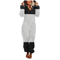 Briskorry Jumpsuit DamenTeddy Fleece Schlafanzug Einteiler Winter Warm Kuschelig Onesie Lang Schlafoverall Pyjama Kuschelig und Warm Ganzkörperanzug Flauschig Hausanzug mit Kapuze (1-White, M) von Briskorry