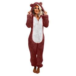 Briskorry Jumpsuit DamenTeddy Fleece Schlafanzug Einteiler Winter Warm Kuschelig Onesie Lang Schlafoverall Pyjama Kuschelig und Warm Ganzkörperanzug Flauschig Hausanzug mit Kapuze (a-Wine, L) von Briskorry