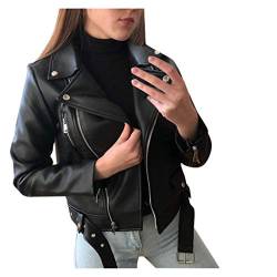 Briskorry Lederjacke Damen Schwarz mit Gürtel Vintage Jacke Kurze Kunstlederjacke Übergangsjacke Mit Reißverschluss Bikerjacke Mit Reverskragen Leder Damenjacke Motorrad Jacke Warm Outdoorjacke von Briskorry