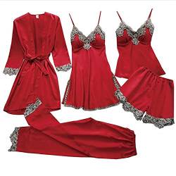 Briskorry Pyjama Set Damen 5 Teilig Spitze Spleiß Seide HosenträGer Bademantel Set Nachtkleid Schlafanzug Satin Sexy Pyjamas Lace Trim Seidenpyjamas NachtwäSche von Briskorry