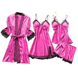 Briskorry Satin Pyjama Set Damen 4-Teiliges Nachtwäsche Kimono Bademantel Unterwäsche Babydoll Kleid Morgenmantel Robe HosenträGer Nachtkleid Shorts Negligee Nachthemd von Briskorry