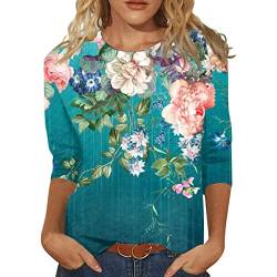 Damen T-Shirts Sommer 3/4 Arm Oberteile Tops Blumenmuster Druck Tunika Shirt Lose Rundhals Sommershirts Mode Damenblusen Langarm Blumen Bluse Tshirt von Briskorry