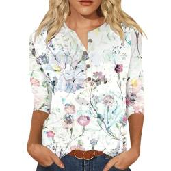 Damen T-Shirts Sommer 3/4 Arm Oberteile Tops Blumenmuster Druck Tunika Shirt Lose Rundhals Sommershirts Mode Damenblusen Langarm Blumen Bluse Tshirt von Briskorry