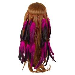 Feder Kopfschmuck Boho Hippie Stirnband - Fancy Federschmuck Böhmische Kopfbedeckung Quaste für Damen Mädchen Karneval Kopfschmuck, Rot + Schwarz, Einheitsgröße (Hot Pink) von Briskorry