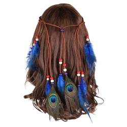 Feder-Stirnband, Boho-Hippie-Kopfschmuck, Weiß, Retrostil, Tribal-Kopfschmuck im Stil der amerikanischen Ureinwohner, Festival, Party, Haarschmuck für Damen und Mädchen (Blau) von Briskorry