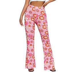 Hippie Hose Damen Schlaghose 70er Pink Fasching Karneval Kostüm Boho Strandhose Sommerhose Lang Trousers Weites Bein Palazzo Freizeithose Schön Blumen Druck Caprihose Elastische Taille Yogahose von Briskorry