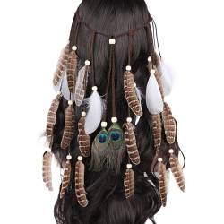 Indianer Kostüm Damen Hippie Boho Haarband Haarschmuck Hippie Kostüm Indianer Stirnband StirnbäNder Pfau Haarschmuck Federn Boho für Frauen Festival Karneval Hippie Accessoires (Weiß) von Briskorry