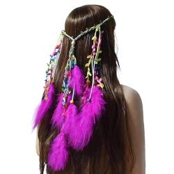 Indische Feder Stirnband Boho Regenbogen Quaste Hippie Kopfschmuck Tribal Kopfschmuck Perlen Festival Party Kopfbedeckung Haarschmuck für Frauen und Mädchen (Hot Pink) von Briskorry