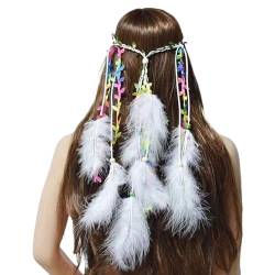 Indische Feder Stirnband Boho Regenbogen Quaste Hippie Kopfschmuck Tribal Kopfschmuck Perlen Festival Party Kopfbedeckung Haarschmuck für Frauen und Mädchen (Weiß) von Briskorry