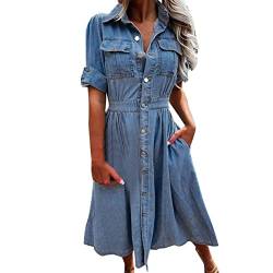 Jeanskleid Damen Langarm Knielang Jeanskleider Jeanshemd Hellblaues Kleid Freizeitkleid Frauen Tunikakleider Blusenkleid Sommerkleid Knopf unten Denim Babydoll Jean Kleid Shirtkleid Strandkleid von Briskorry