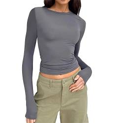 Langarmshirt Damen Eng Y2K Crops Top Einfarbig Hemd Tee Mädchen Pullover Oberteile Athletisches Streetwear Rundhals Slim Fit Fashion Outfit,Cropped Pullover Tee,Long Sleeve Shirt Women von Briskorry