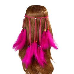 Pfau KopfschmuckIndianer in Stirnband mit Federn Indianer Kopfschmuck Pocahontas Haarband mit Perlen Indianerschmuck Damen Fashband (Hot Pink) von Briskorry