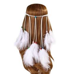 Pfau KopfschmuckIndianer in Stirnband mit Federn Indianer Kopfschmuck Pocahontas Haarband mit Perlen Indianerschmuck Damen Fashband (Weiß) von Briskorry