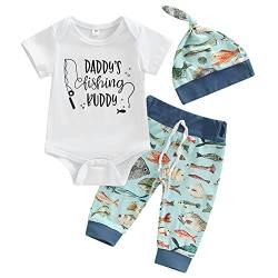 Neugeborene Baby Jungen Sommerkleidung Daddy's Fishing Buddy Bodysuit Romper + Fisch Gedruckt Lange Hose + Hut (6-9 Months, Weiß) von BriskyM