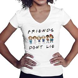Friends Don't Lie Kawai Anime Stranger Damen V-Ausschnitt weißes T-Shirt Size S von BroiderStudio