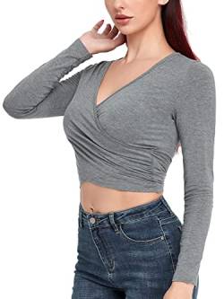 Brolsoth Damen Sexy Oberteil Tief V-Ausschnitt Crop Tops Langarm Frauen Party Oberteil Cropped Basic Top Slim Fit Langarmshirt Grau S von Brosloth