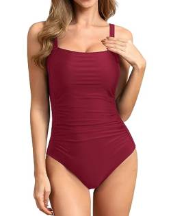 Brosloth Damen Badeanzug Tummy Control Bauchweg Einteilige Bademode Swimwear Push Up Badeanzüge Plus Size Badebekleidung Farbe: Wein Rot Groesse: S von Brosloth